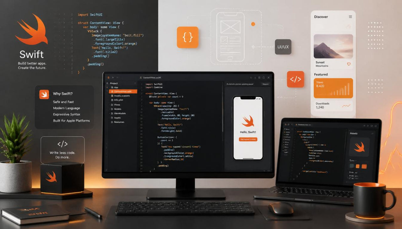 Computer setup with Swift programming language branding on a desk.