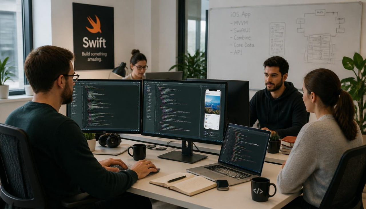 Group of developers working at a software development company with Swift logo.