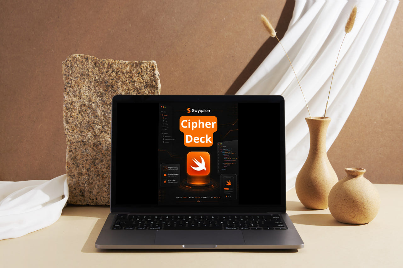 Laptop displaying 'Cipher Deck' software on a neutral background with decorative elements.