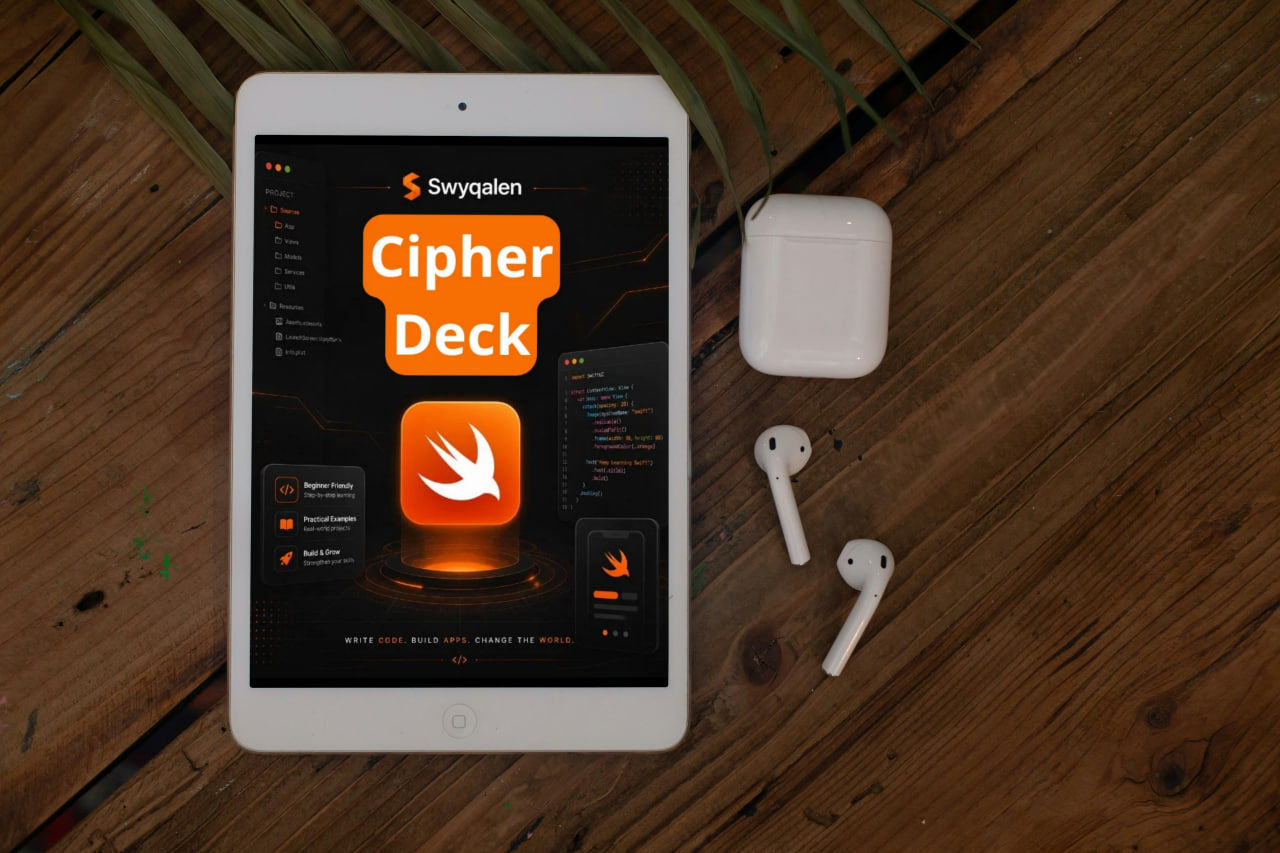 Tablet displaying 'Cipher Deck' app on a wooden surface with airpods.