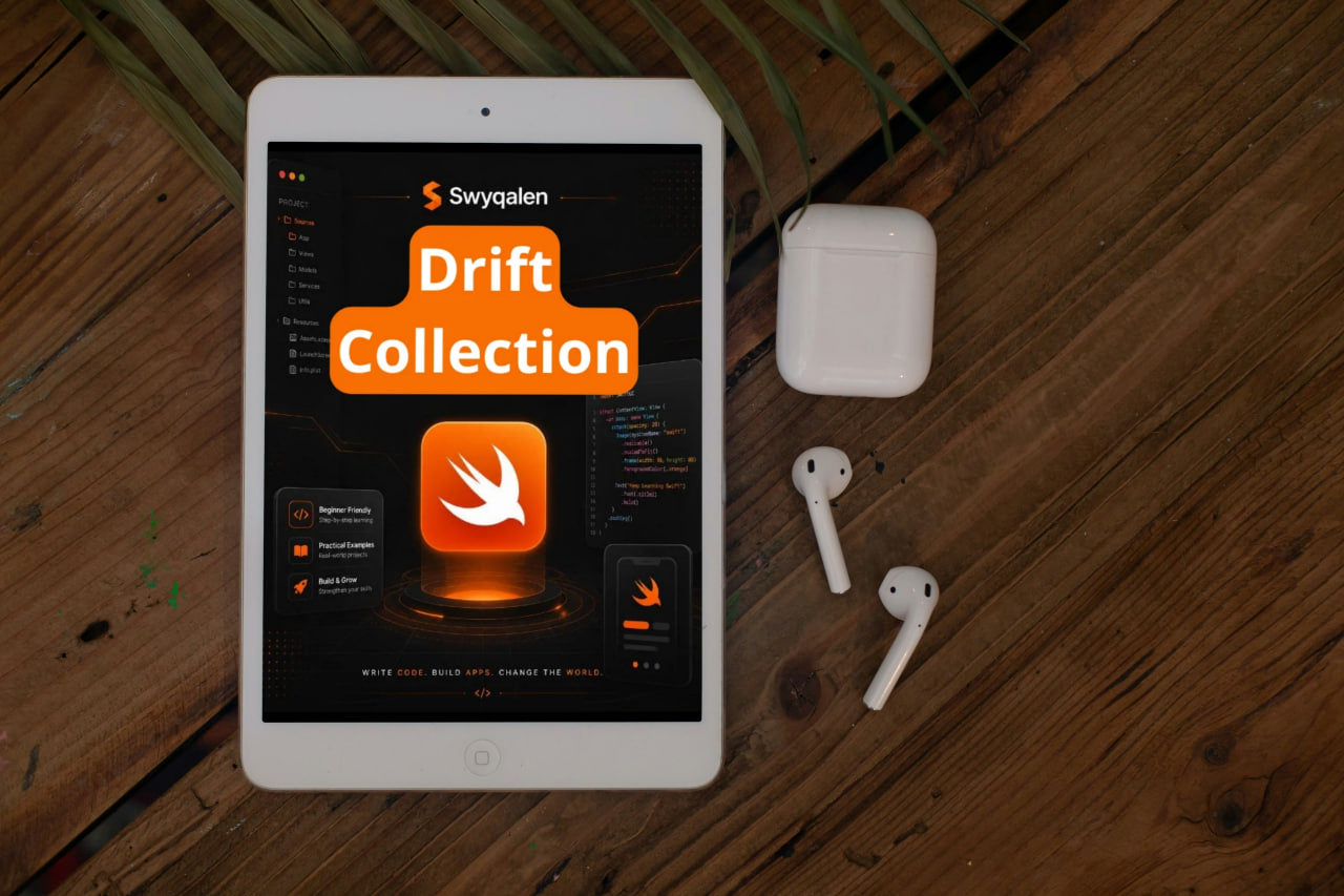 Tablet displaying Swyqalen Drift Collection app on a wooden surface with airpods.