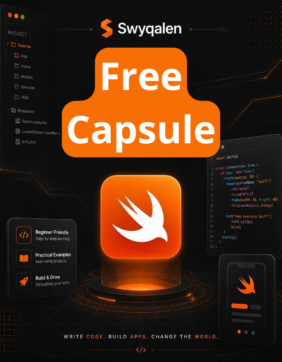 Promotional graphic for Swyqalen's Free Capsule with Swift logo on a dark background