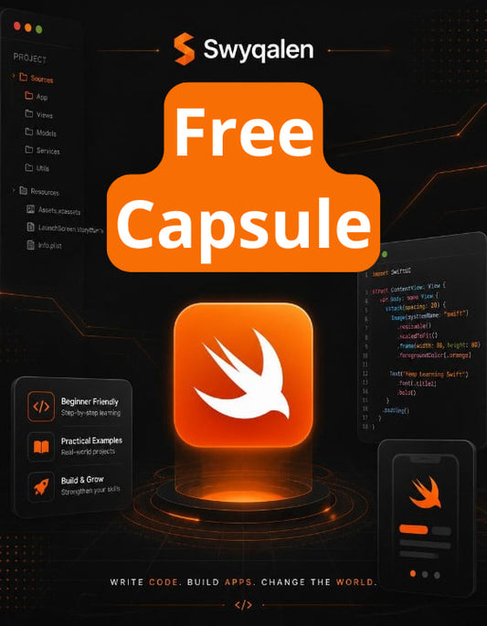 Promotional graphic for Swyqalen's Free Capsule with Swift logo on a dark background