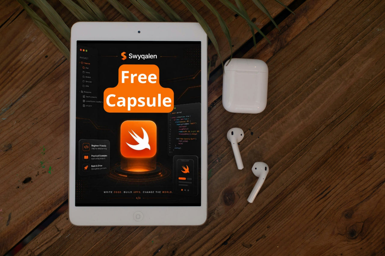 Tablet displaying a software development tool on a wooden surface with airpods.