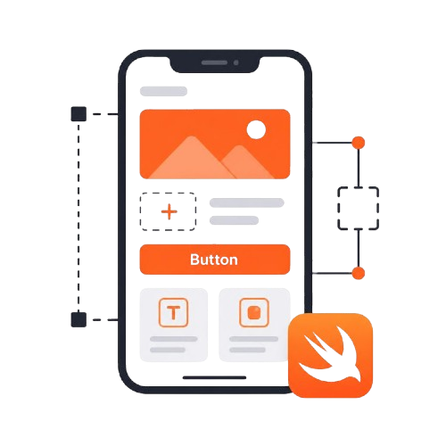 Illustration of a smartphone with UI elements and Swift logo on a white background