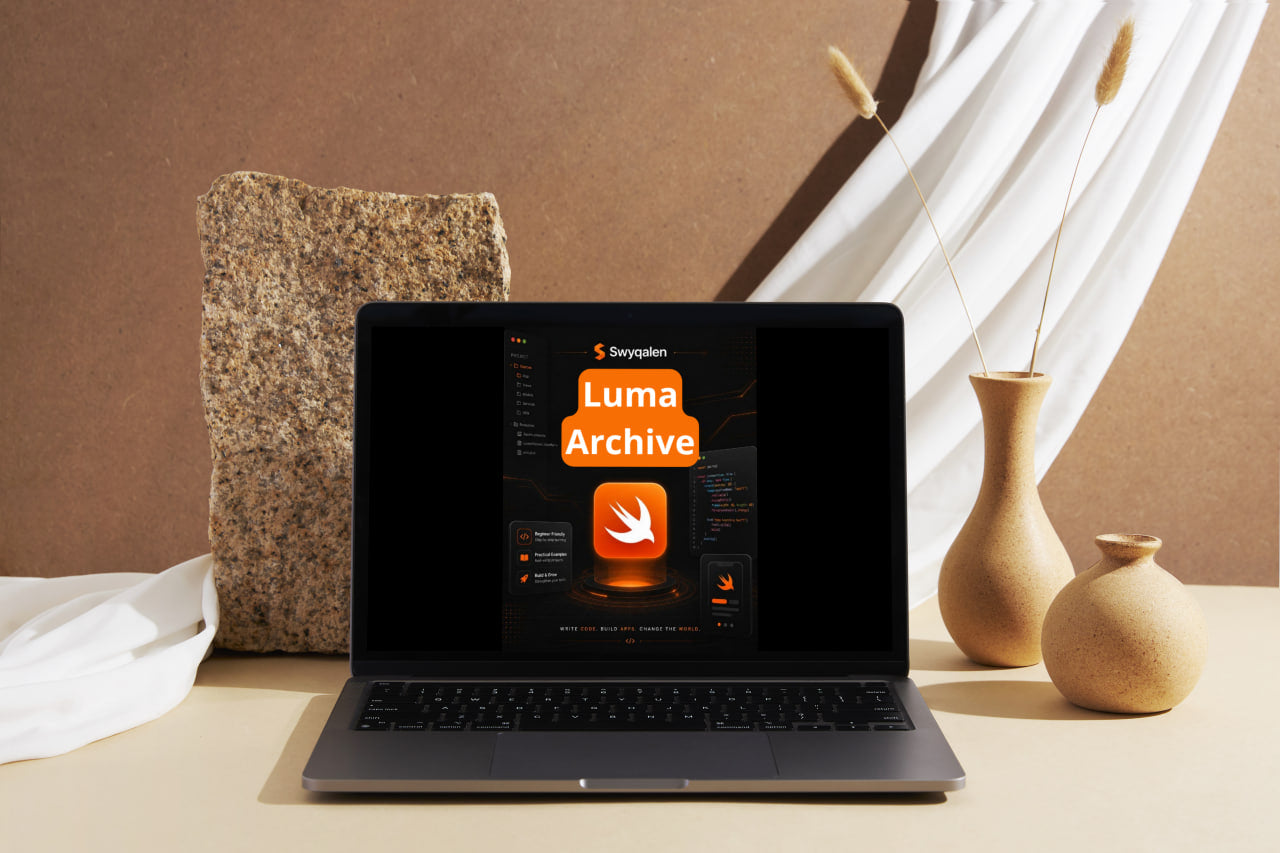 Laptop displaying 'Luma Archive' software on a neutral background with decorative elements.