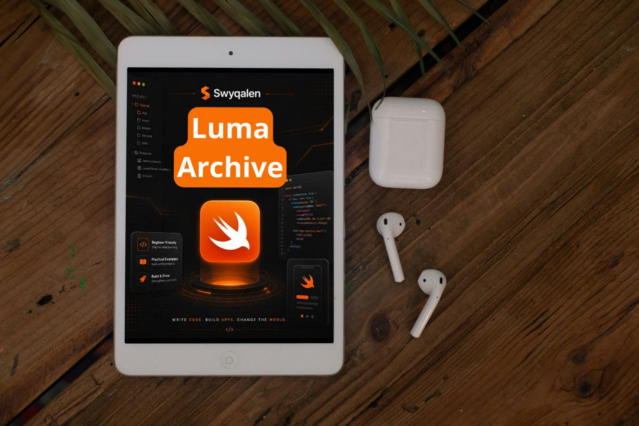 Tablet displaying 'Luma Archive' app on a wooden surface with airpods.