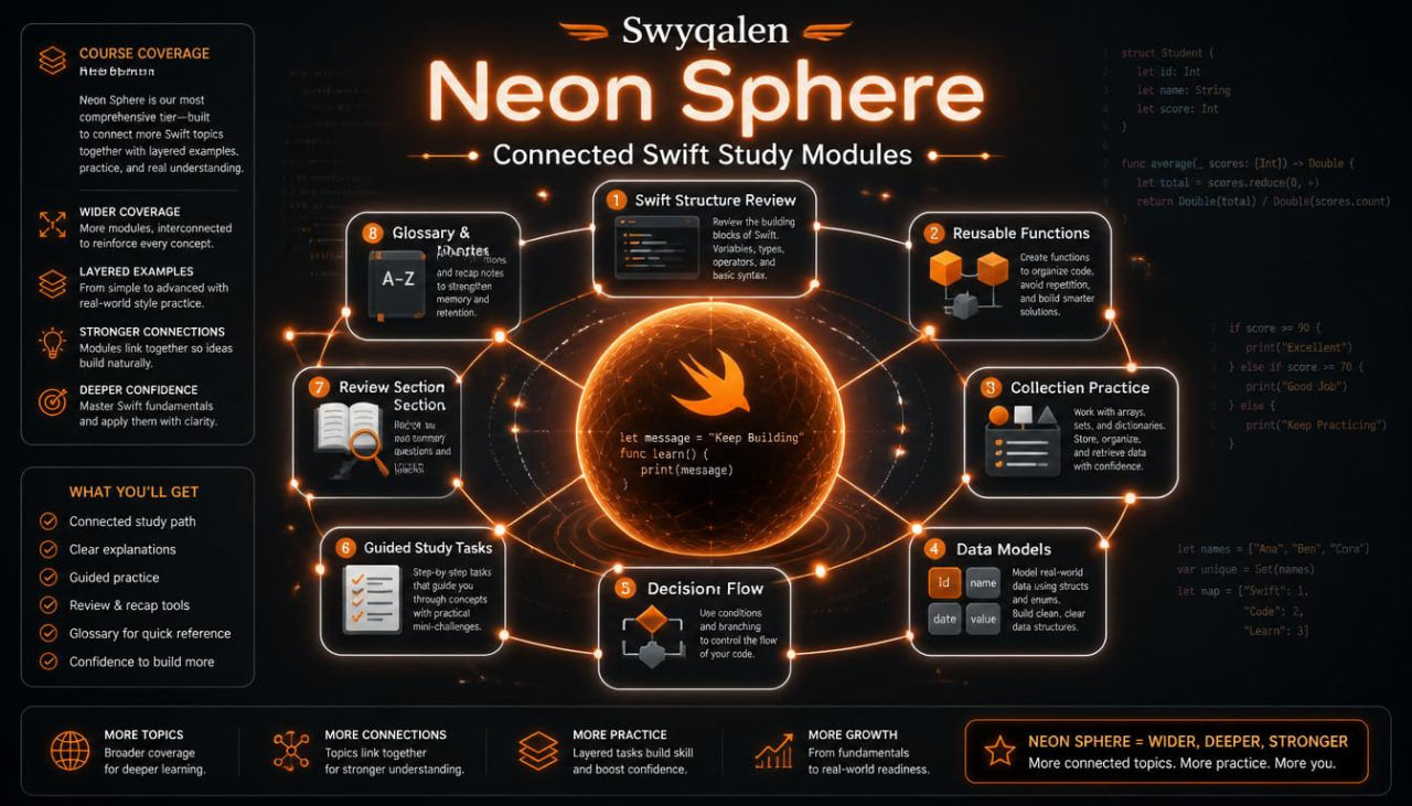Neon Sphere product description with glowing elements on a dark background