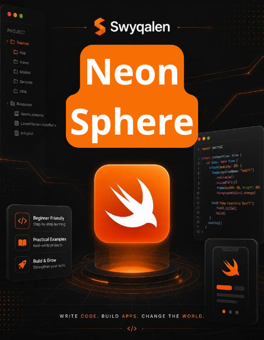 Promotional graphic for Swyqalen Neon Sphere with Swift logo on a dark background