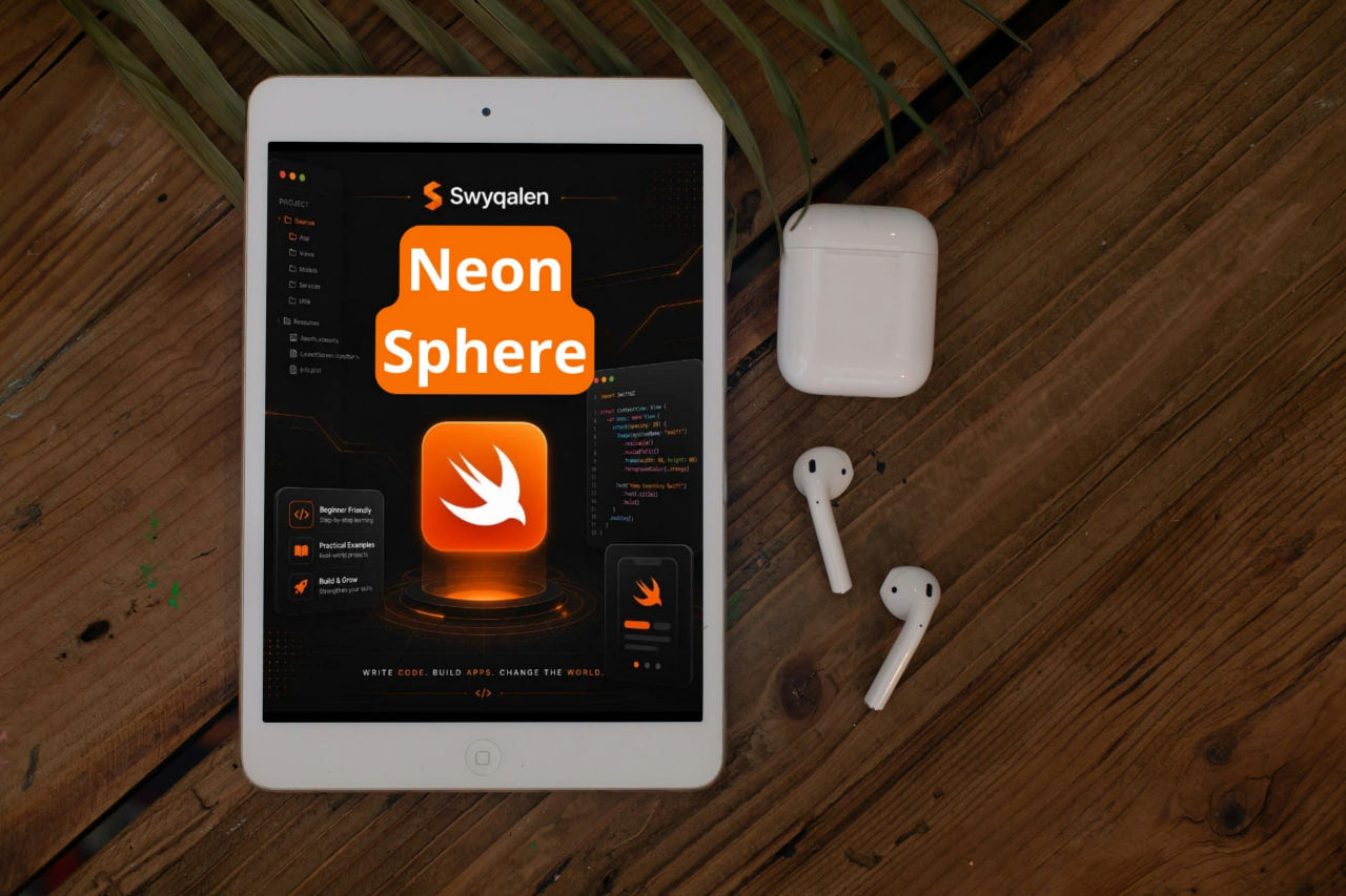 Tablet displaying 'Neon Sphere' app on a wooden surface with airpods.
