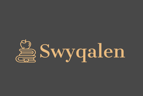 Logo of Swyqalen with a stylized illustration of books and an apple on a dark background