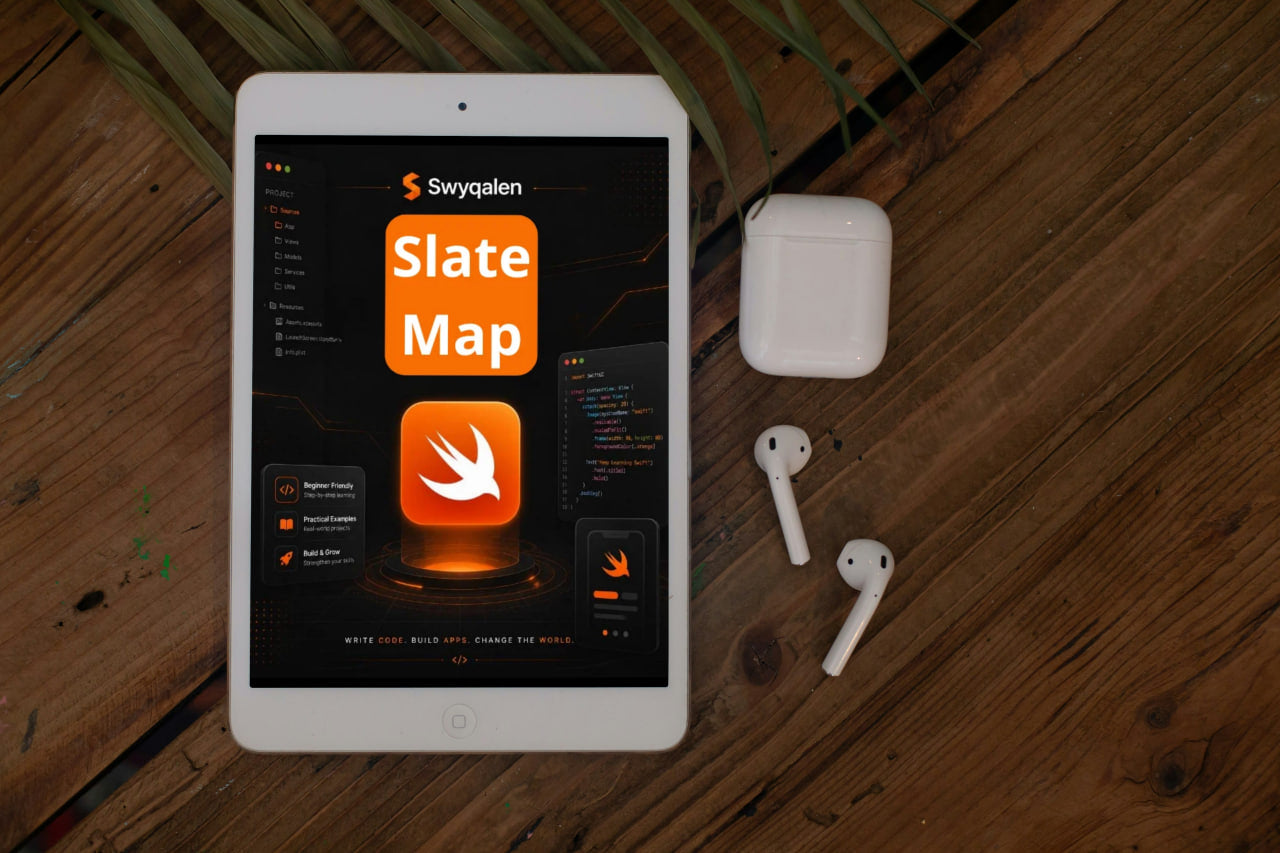 Tablet displaying Swyqalen Slate Map app on a wooden surface with AirPods.