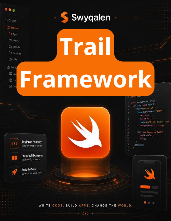 Swyqalen Trail Framework logo with Swift logo on a dark background