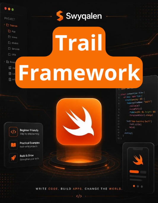 Swyqalen Trail Framework logo with Swift logo on a dark background