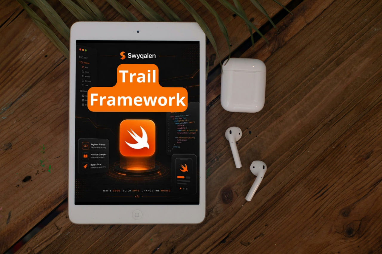 Tablet displaying Swyqalen Trail Framework on a wooden surface with airpods.