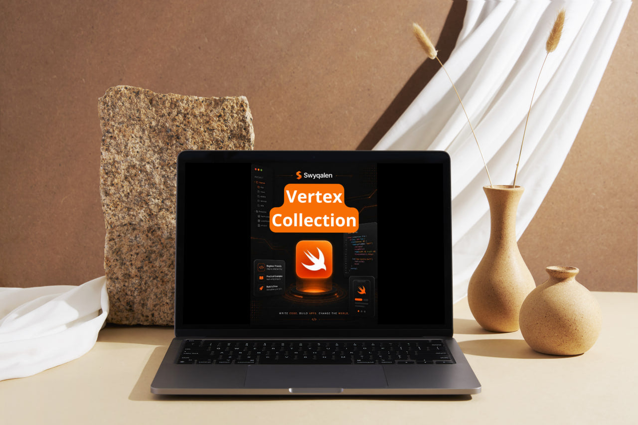 Laptop displaying 'Vertex Collection' software on a table with decorative vases and a textured wall.