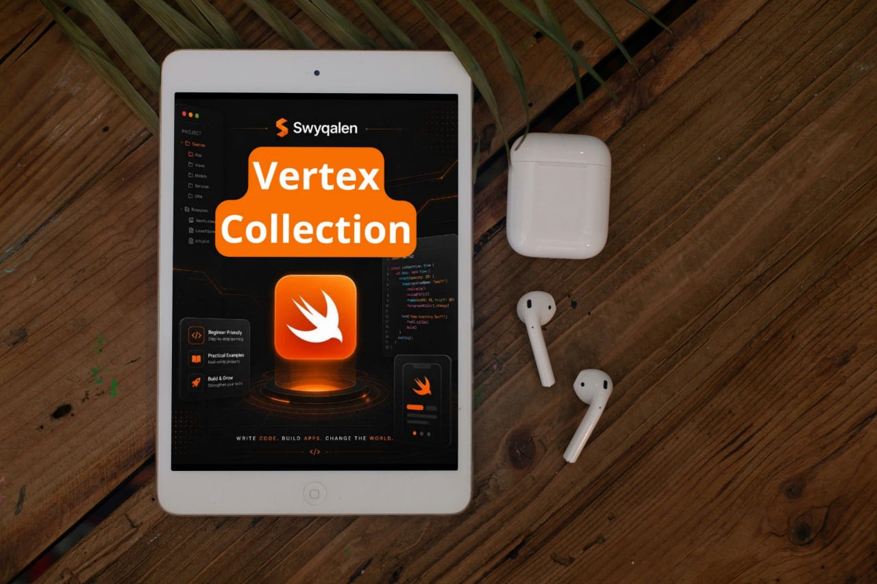 Tablet displaying 'Vertex Collection' app on a wooden surface with airpods.